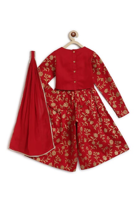 Shop Tiber Taber Red Cotton, Viscose Embroidery Devi Crop Top And Pleated Pant Set Online at Aza Fashions Shop_Tiber Taber_Red Cotton, Viscose Embroidery Devi Crop Top And Pleated Pant Set _Online_at_Aza_Fashions
