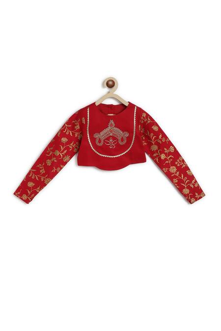 Tiber Taber Red Cotton, Viscose Embroidery Devi Crop Top And Pleated Pant Set at Aza Fashions Tiber Taber_Red Cotton, Viscose Embroidery Devi Crop Top And Pleated Pant Set _at_Aza_Fashions