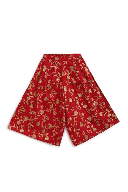 Buy Tiber Taber Red Cotton, Viscose Embroidery Devi Crop Top And Pleated Pant Set Buy_Tiber Taber_Red Cotton, Viscose Embroidery Devi Crop Top And Pleated Pant Set