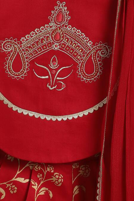 Shop Tiber Taber Red Cotton, Viscose Embroidery Devi Crop Top And Pleated Pant Set Shop_Tiber Taber_Red Cotton, Viscose Embroidery Devi Crop Top And Pleated Pant Set