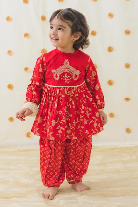 Shop Tiber Taber Red Cotton Embroidery Devi Peplum Kurta And Salwar Set at Aza Fashions Shop_Tiber Taber_Red Cotton Embroidery Devi Peplum Kurta And Salwar Set _at_Aza_Fashions