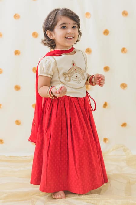 Shop_Tiber Taber_Cream Cotton, Viscose Lace, Tassels, Embroidery Devi Blouse And Lehenga Set _at_Aza_Fashions