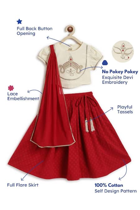 Tiber Taber_Cream Cotton, Viscose Lace, Tassels, Embroidery Devi Blouse And Lehenga Set _Online_at_Aza_Fashions