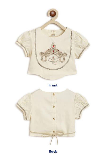 Buy_Tiber Taber_Cream Cotton, Viscose Lace, Tassels, Embroidery Devi Blouse And Lehenga Set _Online_at_Aza_Fashions