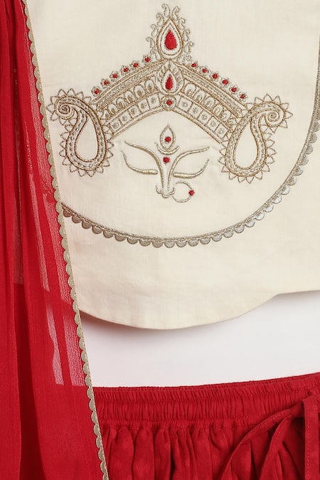 Tiber Taber_Cream Cotton, Viscose Lace, Tassels, Embroidery Devi Blouse And Lehenga Set _at_Aza_Fashions