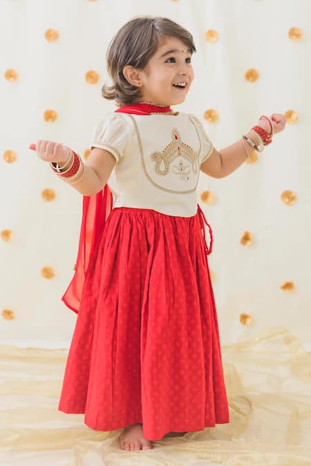 Shop_Tiber Taber_Cream Cotton, Viscose Lace, Tassels, Embroidery Devi Blouse And Lehenga Set 