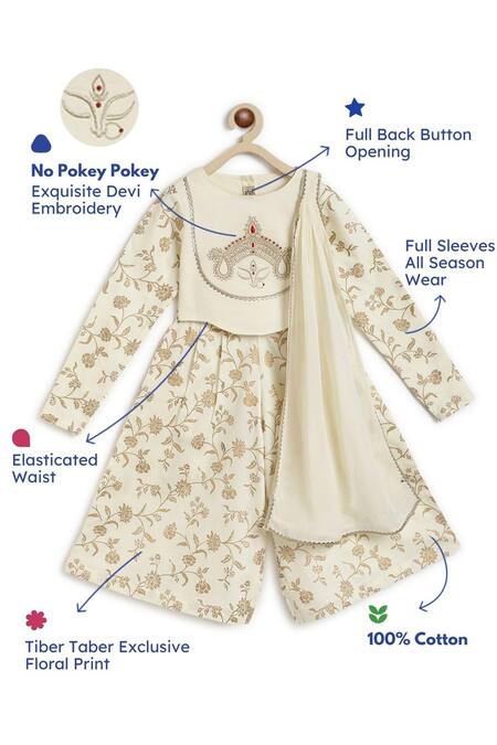 Tiber Taber_Cream Cotton, Viscose Embroidery Floral Print Crop Top And Pleated Pant Set _Online_at_Aza_Fashions