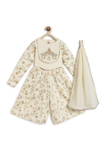 Buy_Tiber Taber_Cream Cotton, Viscose Embroidery Floral Print Crop Top And Pleated Pant Set _Online_at_Aza_Fashions