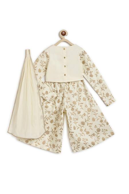 Shop_Tiber Taber_Cream Cotton, Viscose Embroidery Floral Print Crop Top And Pleated Pant Set _Online_at_Aza_Fashions