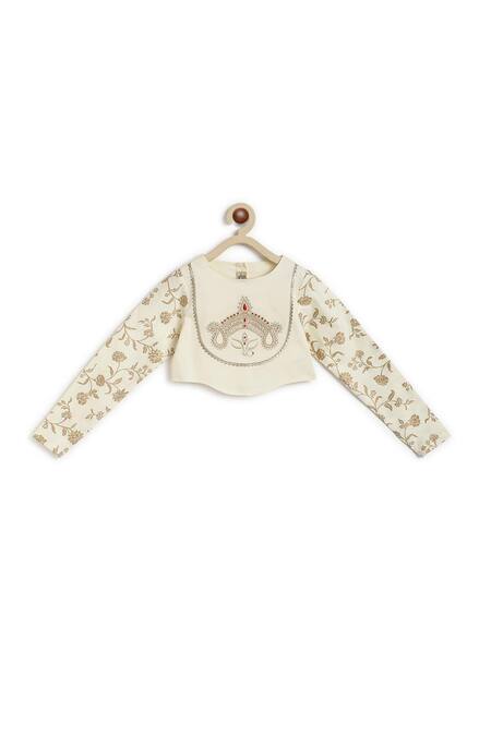 Tiber Taber_Cream Cotton, Viscose Embroidery Floral Print Crop Top And Pleated Pant Set _at_Aza_Fashions