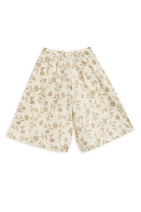 Buy_Tiber Taber_Cream Cotton, Viscose Embroidery Floral Print Crop Top And Pleated Pant Set 