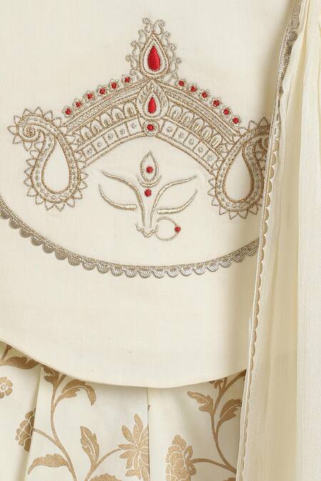 Shop_Tiber Taber_Cream Cotton, Viscose Embroidery Floral Print Crop Top And Pleated Pant Set 