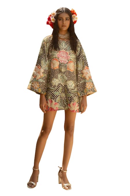 Buy_Paulmi And Harsh_Black Silk Embroidery Boat Neck Damskia Bloom Print Embellished Short Dress _Online_at_Aza_Fashions