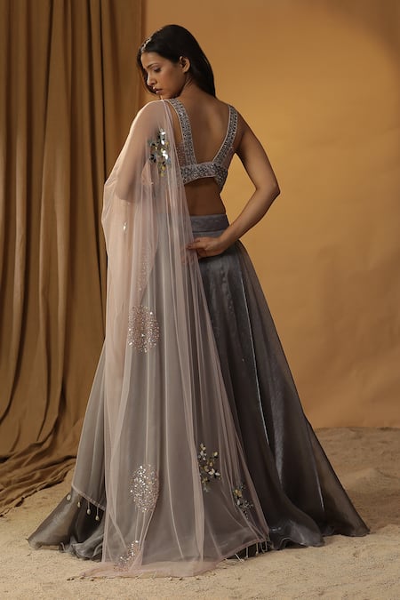 Shop_Arpita Sulakshana_Grey Organza Sequins, Beads, Tassels Embroidered Blouse And Lehenga Set _at_Aza_Fashions
