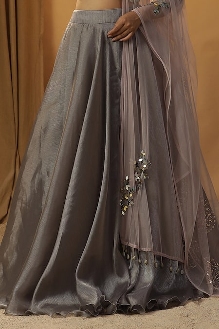Arpita Sulakshana Grey Organza Sequins, Beads, Tassels Embroidered Blouse And Lehenga Set Online at Aza Fashions Arpita Sulakshana_Grey Organza Sequins, Beads, Tassels Embroidered Blouse And Lehenga Set _Online_at_Aza_Fashions
