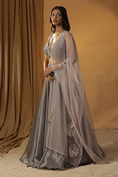 Buy_Arpita Sulakshana_Grey Organza Sequins, Beads, Tassels Embroidered Blouse And Lehenga Set _Online_at_Aza_Fashions