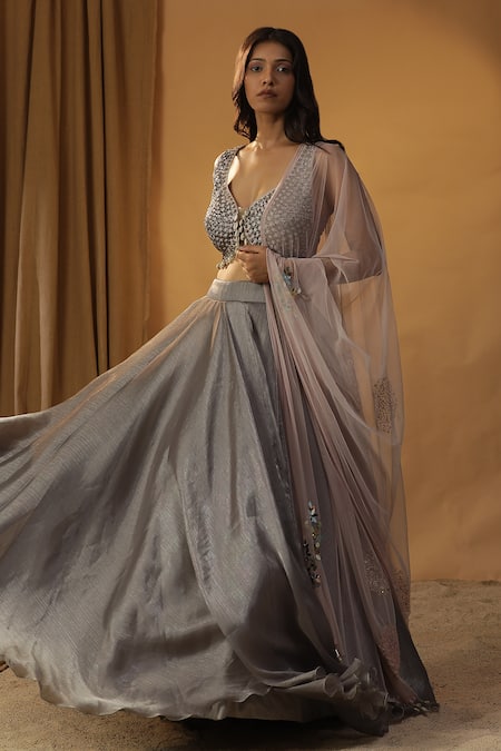 Arpita Sulakshana_Grey Organza Sequins, Beads, Tassels Embroidered Blouse And Lehenga Set _at_Aza_Fashions