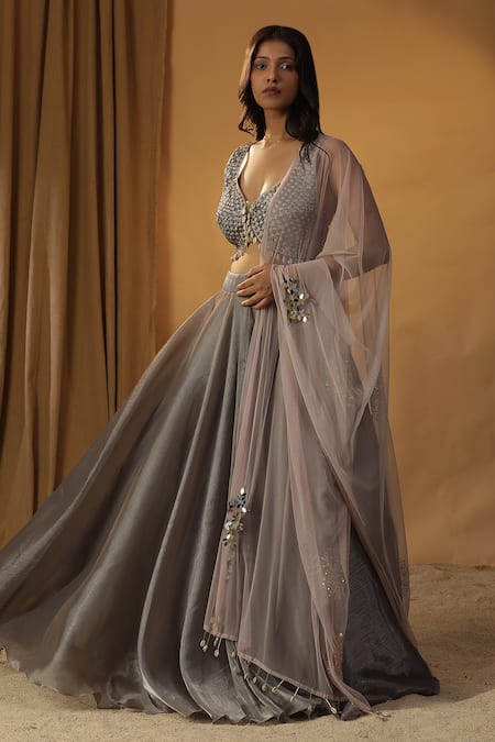 Buy_Arpita Sulakshana_Grey Organza Sequins, Beads, Tassels Embroidered Blouse And Lehenga Set 
