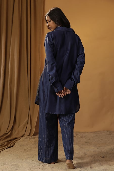 Shop Arpita Sulakshana Blue Chanderi Foil Printing Collared Hand Painted Shirt Kurta With Pant at Aza Fashions Shop_Arpita Sulakshana_Blue Chanderi Foil Printing Collared Hand Painted Shirt Kurta With Pant _at_Aza_Fashions