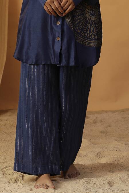 Shop Arpita Sulakshana Blue Chanderi Foil Printing Collared Hand Painted Shirt Kurta With Pant Online at Aza Fashions Shop_Arpita Sulakshana_Blue Chanderi Foil Printing Collared Hand Painted Shirt Kurta With Pant _Online_at_Aza_Fashions