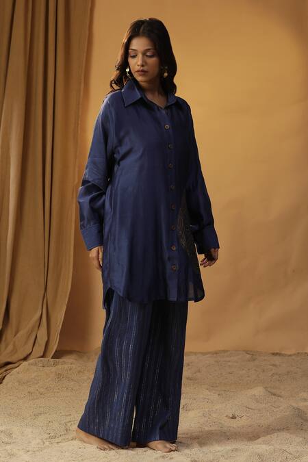 Buy Arpita Sulakshana Blue Chanderi Foil Printing Collared Hand Painted Shirt Kurta With Pant Buy_Arpita Sulakshana_Blue Chanderi Foil Printing Collared Hand Painted Shirt Kurta With Pant
