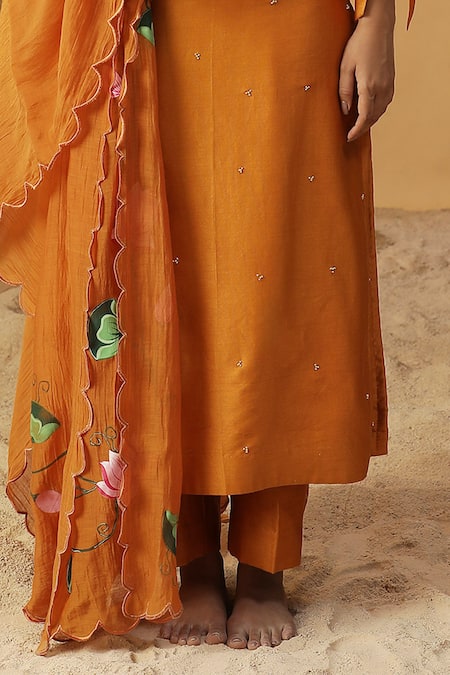 Arpita Sulakshana Orange Chanderi Beads, Stones Round Neck Bird Embroidered Kurta And Pant Set Online at Aza Fashions Arpita Sulakshana_Orange Chanderi Beads, Stones Round Neck Bird Embroidered Kurta And Pant Set _Online_at_Aza_Fashions