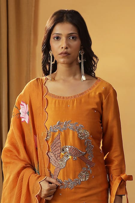 Buy Arpita Sulakshana Orange Chanderi Beads, Stones Round Neck Bird Embroidered Kurta And Pant Set Online at Aza Fashions Buy_Arpita Sulakshana_Orange Chanderi Beads, Stones Round Neck Bird Embroidered Kurta And Pant Set _Online_at_Aza_Fashions