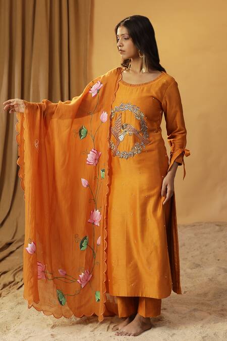 Arpita Sulakshana Orange Chanderi Beads, Stones Round Neck Bird Embroidered Kurta And Pant Set at Aza Fashions Arpita Sulakshana_Orange Chanderi Beads, Stones Round Neck Bird Embroidered Kurta And Pant Set _at_Aza_Fashions