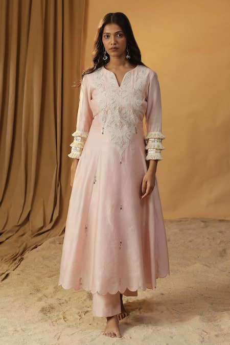 Arpita Sulakshana_Pink Chanderi Sequins, Fringe, Embroidery Lace Work A-line Kurta And Pant Set _Online_at_Aza_Fashions