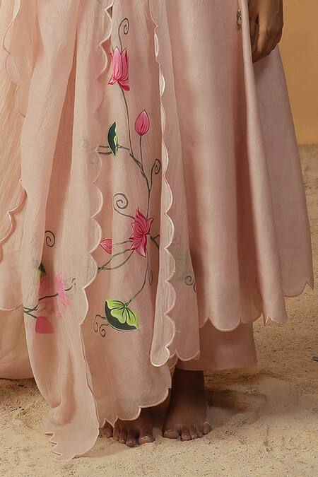 Buy_Arpita Sulakshana_Pink Chanderi Sequins, Fringe, Embroidery Lace Work A-line Kurta And Pant Set _Online_at_Aza_Fashions