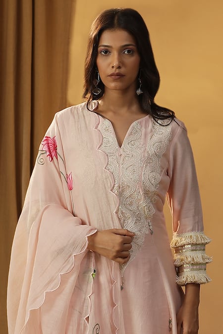 Shop_Arpita Sulakshana_Pink Chanderi Sequins, Fringe, Embroidery Lace Work A-line Kurta And Pant Set _Online_at_Aza_Fashions