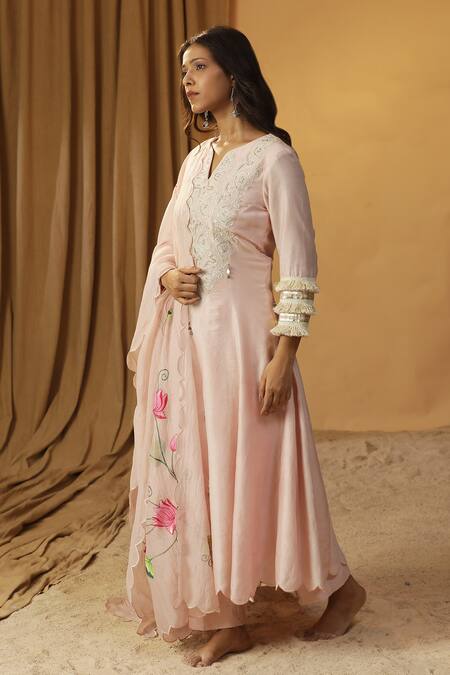 Arpita Sulakshana_Pink Chanderi Sequins, Fringe, Embroidery Lace Work A-line Kurta And Pant Set _at_Aza_Fashions