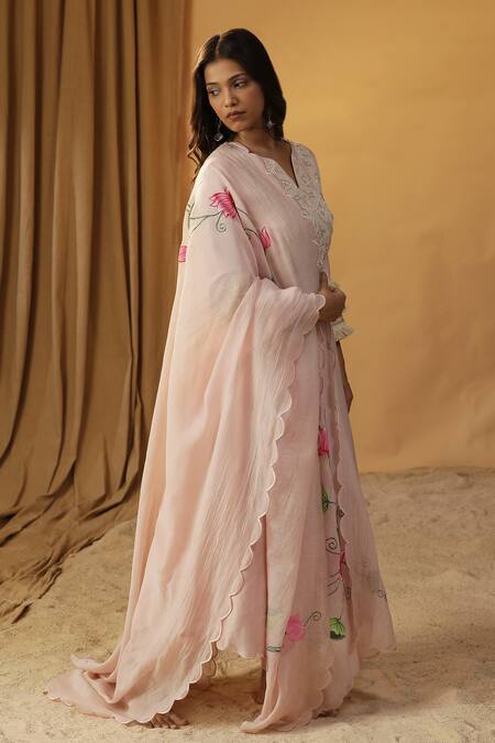 Buy_Arpita Sulakshana_Pink Chanderi Sequins, Fringe, Embroidery Lace Work A-line Kurta And Pant Set 