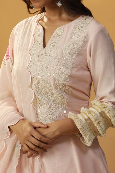 Shop_Arpita Sulakshana_Pink Chanderi Sequins, Fringe, Embroidery Lace Work A-line Kurta And Pant Set 