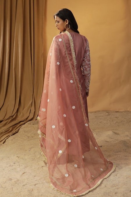 Shop Arpita Sulakshana Pink Chanderi Lace, Sequins V-neck Dori Embroidered Angarkha And Pant Set at Aza Fashions Shop_Arpita Sulakshana_Pink Chanderi Lace, Sequins V-neck Dori Embroidered Angarkha And Pant Set _at_Aza_Fashions