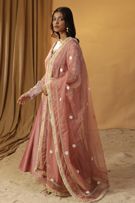 Arpita Sulakshana Pink Chanderi Lace, Sequins V-neck Dori Embroidered Angarkha And Pant Set Online at Aza Fashions Arpita Sulakshana_Pink Chanderi Lace, Sequins V-neck Dori Embroidered Angarkha And Pant Set _Online_at_Aza_Fashions