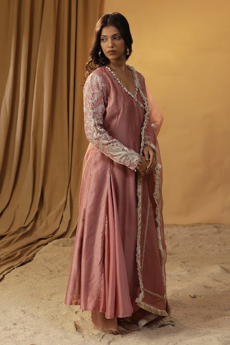 Buy Arpita Sulakshana Pink Chanderi Lace, Sequins V-neck Dori Embroidered Angarkha And Pant Set Online at Aza Fashions Buy_Arpita Sulakshana_Pink Chanderi Lace, Sequins V-neck Dori Embroidered Angarkha And Pant Set _Online_at_Aza_Fashions