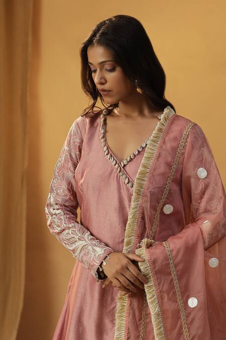 Arpita Sulakshana Pink Chanderi Lace, Sequins V-neck Dori Embroidered Angarkha And Pant Set at Aza Fashions Arpita Sulakshana_Pink Chanderi Lace, Sequins V-neck Dori Embroidered Angarkha And Pant Set _at_Aza_Fashions
