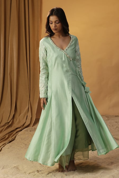 Arpita Sulakshana Green Chanderi Lace, Sequins V-neck Shells Embroidered Angarkha And Pant Set Online at Aza Fashions Arpita Sulakshana_Green Chanderi Lace, Sequins V-neck Shells Embroidered Angarkha And Pant Set _Online_at_Aza_Fashions