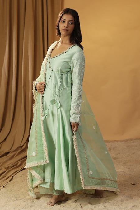 Shop Arpita Sulakshana Green Chanderi Lace, Sequins V-neck Shells Embroidered Angarkha And Pant Set Online at Aza Fashions Shop_Arpita Sulakshana_Green Chanderi Lace, Sequins V-neck Shells Embroidered Angarkha And Pant Set _Online_at_Aza_Fashions