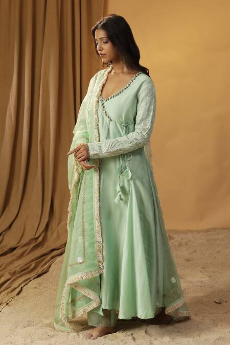 Arpita Sulakshana_Green Chanderi Lace, Sequins V-neck Shells Embroidered Angarkha And Pant Set _at_Aza_Fashions