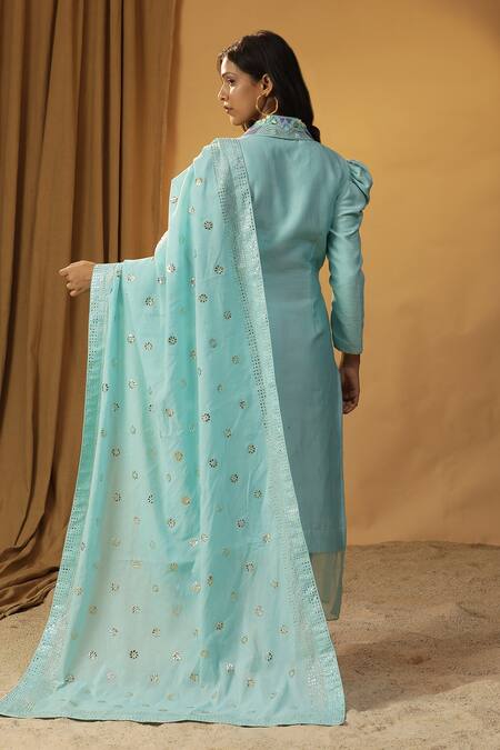 Shop Arpita Sulakshana Sky Blue Chanderi Embroidery, Stones Butterfly Hand Painted Kurta And Pant Set at Aza Fashions Shop_Arpita Sulakshana_Sky Blue Chanderi Embroidery, Stones Butterfly Hand Painted Kurta And Pant Set _at_Aza_Fashions