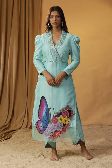 Arpita Sulakshana Sky Blue Chanderi Embroidery, Stones Butterfly Hand Painted Kurta And Pant Set Online at Aza Fashions Arpita Sulakshana_Sky Blue Chanderi Embroidery, Stones Butterfly Hand Painted Kurta And Pant Set _Online_at_Aza_Fashions
