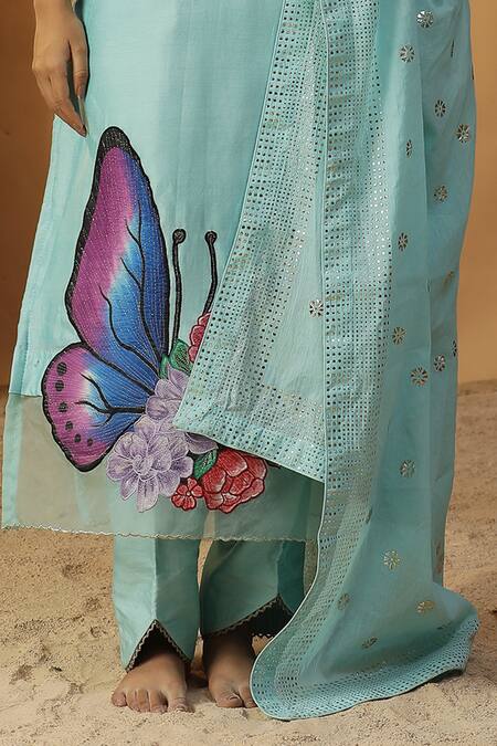 Buy Arpita Sulakshana Sky Blue Chanderi Embroidery, Stones Butterfly Hand Painted Kurta And Pant Set Online at Aza Fashions Buy_Arpita Sulakshana_Sky Blue Chanderi Embroidery, Stones Butterfly Hand Painted Kurta And Pant Set _Online_at_Aza_Fashions
