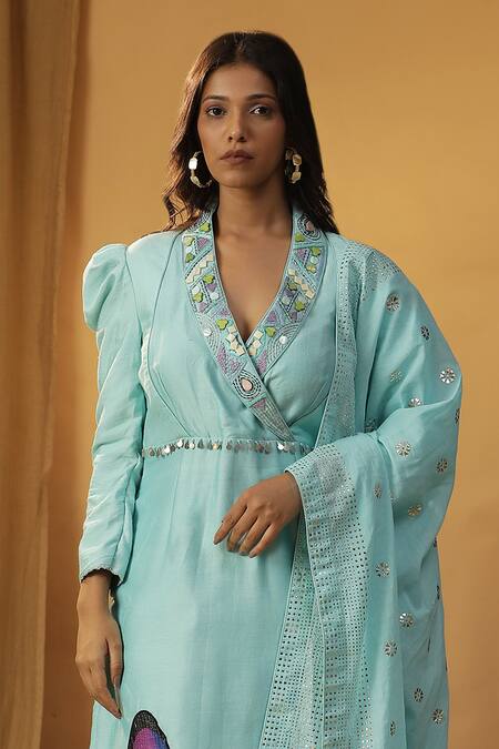 Shop Arpita Sulakshana Sky Blue Chanderi Embroidery, Stones Butterfly Hand Painted Kurta And Pant Set Online at Aza Fashions Shop_Arpita Sulakshana_Sky Blue Chanderi Embroidery, Stones Butterfly Hand Painted Kurta And Pant Set _Online_at_Aza_Fashions