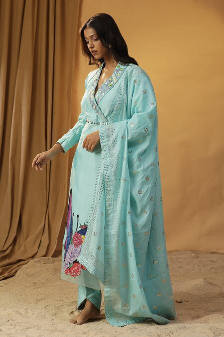 Arpita Sulakshana Sky Blue Chanderi Embroidery, Stones Butterfly Hand Painted Kurta And Pant Set at Aza Fashions Arpita Sulakshana_Sky Blue Chanderi Embroidery, Stones Butterfly Hand Painted Kurta And Pant Set _at_Aza_Fashions