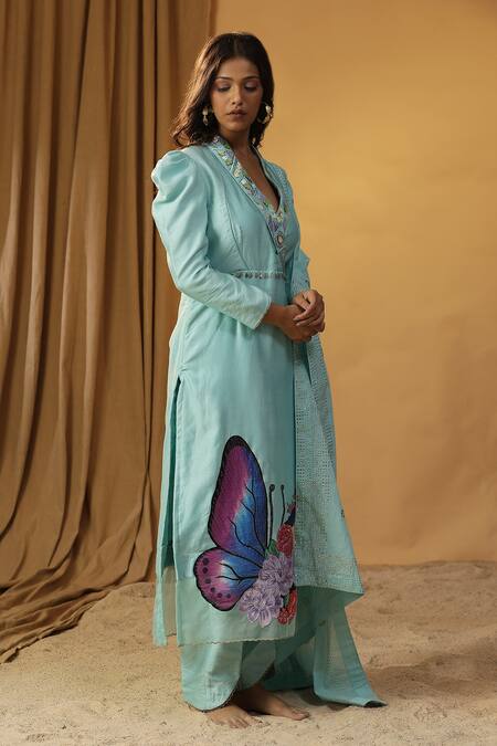 Buy Arpita Sulakshana Sky Blue Chanderi Embroidery, Stones Butterfly Hand Painted Kurta And Pant Set Buy_Arpita Sulakshana_Sky Blue Chanderi Embroidery, Stones Butterfly Hand Painted Kurta And Pant Set