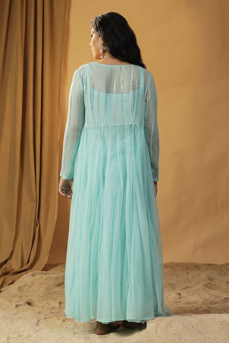 Shop_Arpita Sulakshana_Sky Blue Chanderi, Georgette Embroidery, Beads Square Floral Kurta With Jacket _at_Aza_Fashions