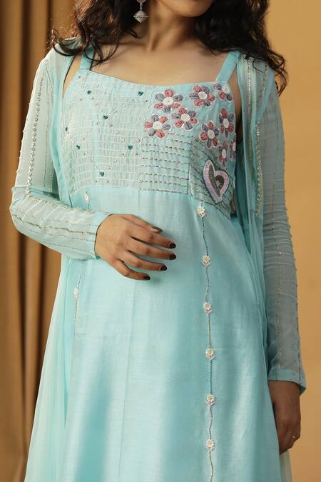 Arpita Sulakshana_Sky Blue Chanderi, Georgette Embroidery, Beads Square Floral Kurta With Jacket _Online_at_Aza_Fashions