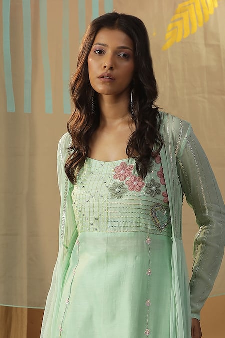 Arpita Sulakshana Green Chanderi, Georgette Embroidery, Beads, Stones Floral Kurta With Jacket Online at Aza Fashions Arpita Sulakshana_Green Chanderi, Georgette Embroidery, Beads, Stones Floral Kurta With Jacket _Online_at_Aza_Fashions